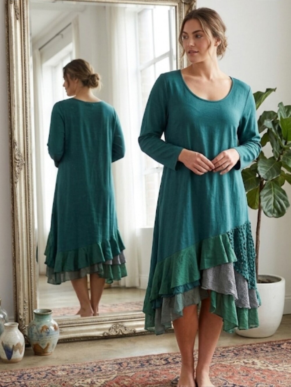 Long Sleeve Teal Layered Hem Dress